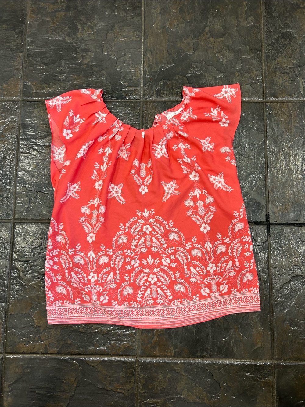 LC Lauren Conrad Coral Floral Pineapple Flutter Sleeve Blouse M - Picture 4 of 7